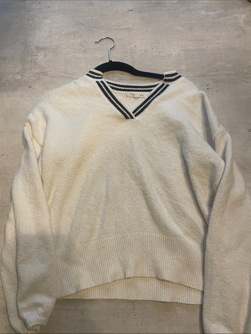 Copper Key Cream V-Neck Sweater with Navy Stripe